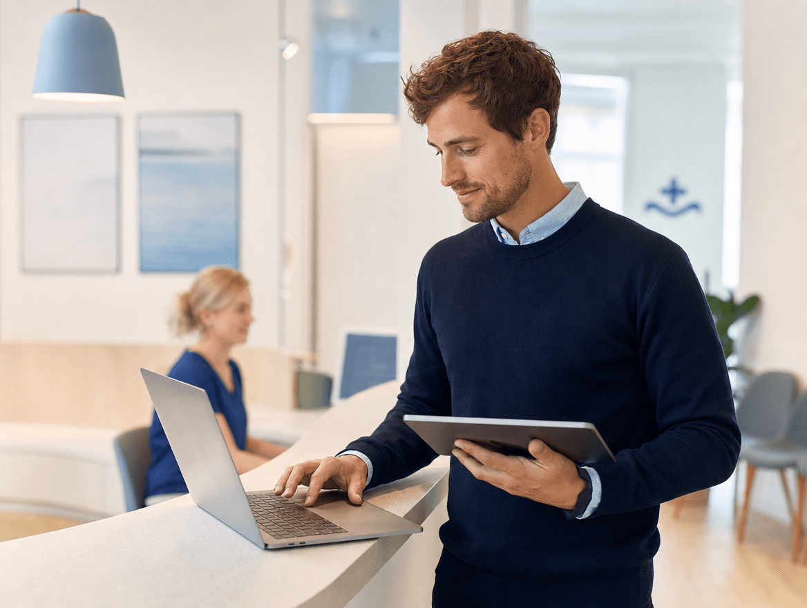 Customer Success Manager in einer modernen Arztpraxis am Laptop